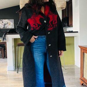 Rare Vintage Wooded River Wool Duster with Horses and Horse Buttons